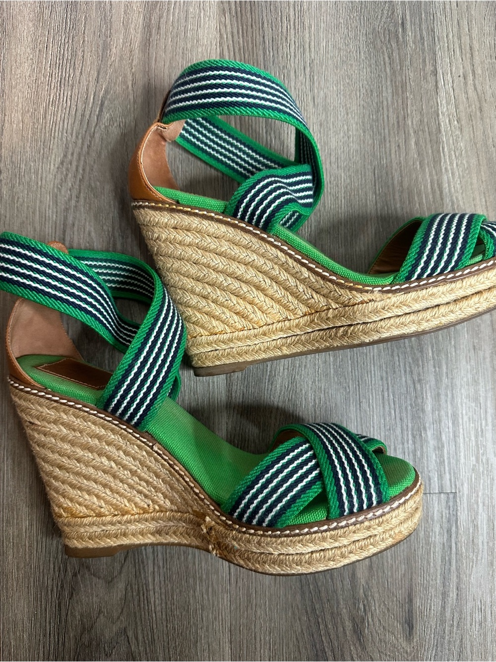 Tory Burch Green Sandal Wedges Frieda Striped Espadrille Size 8 Preppy Resort - Picture 5 of 8